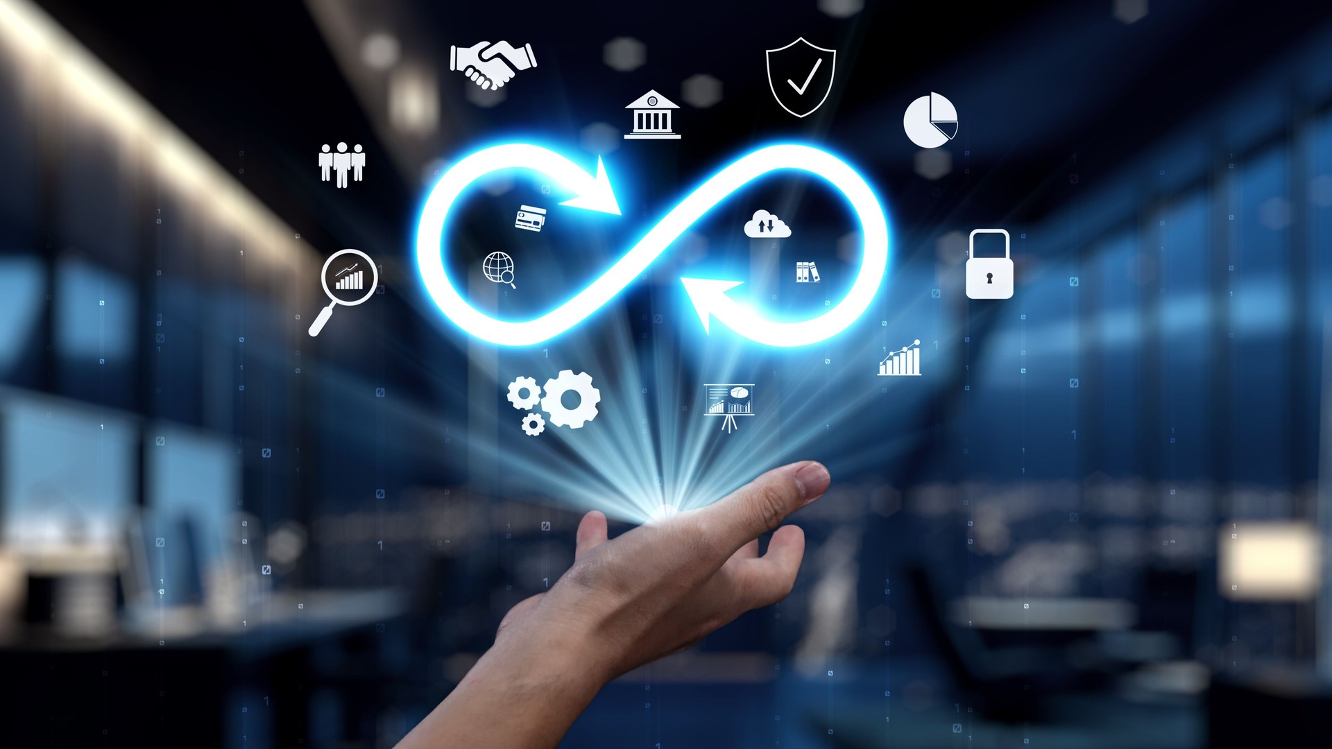 Hand Reaching Out to Floating Infinity Symbol Representing Continuous Improvement and Innovation in Business Digital Transformation with Icons. Auvana