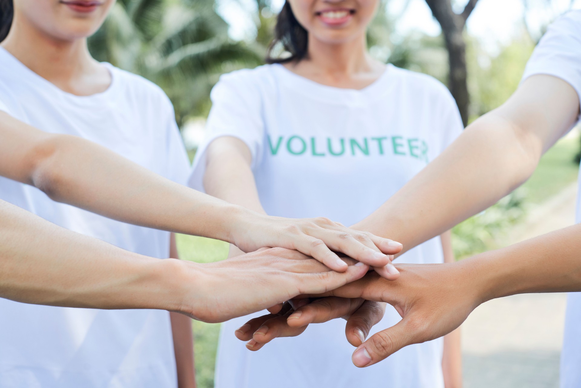 Volunteers standing hands